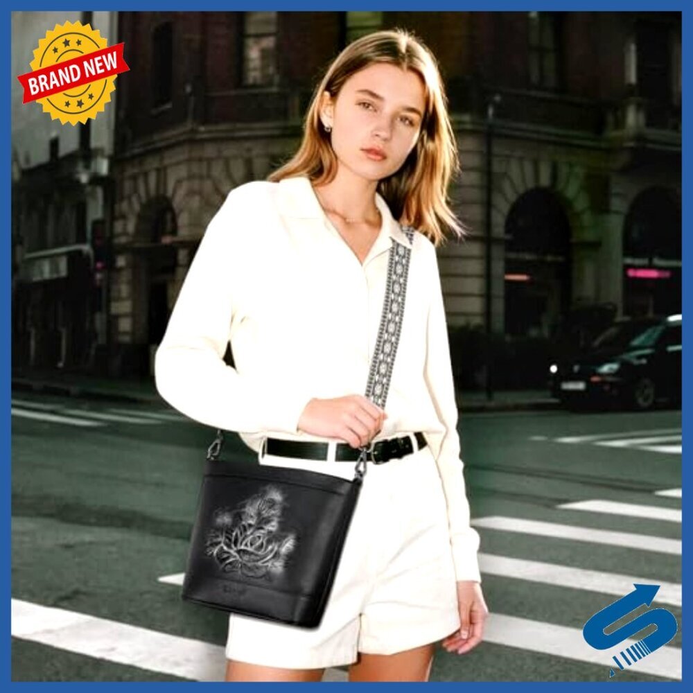 Vegan Leather Crossbody Bucket Bag Embossed Design Adjustable Straps Everyday - Picture 2 of 7